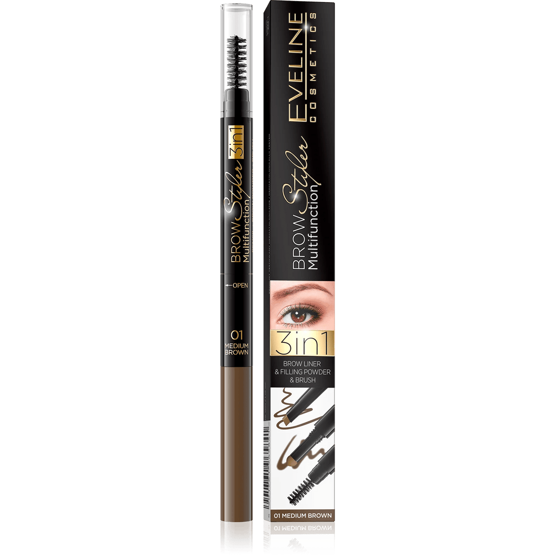 Eveline Cosmetics Brow Styler Multifunction 3 in 1 - Brow Liner - medium brown 01 - Cosmoshop - description