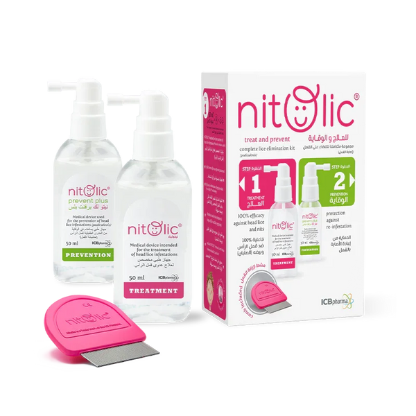 Nitolic head lice treatment spray bottle.
Child using Nitolic prevent plus spray for lice protection.
Nitolic removal  removing nits from hair.