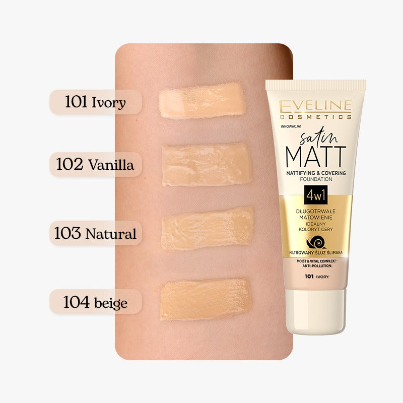 EVELINE COSMETICS SATIN MATT MATTIFYING & COVERING FOUNDATION 101 Ivory