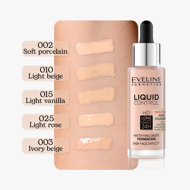 EVELINE COSMETICS LIQUID CONTROL SERUM FOUNDATION- 002 Soft Porcelain