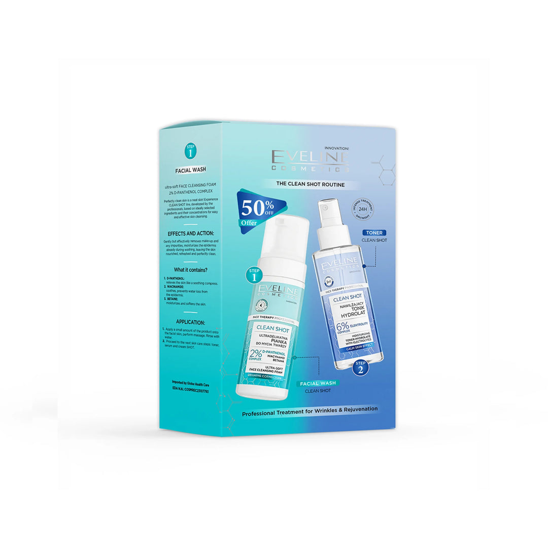 Eveline Cosmetics Clean Shot Toner + Ultra-Soft Face Cleansing Foam (Promo Pack)
