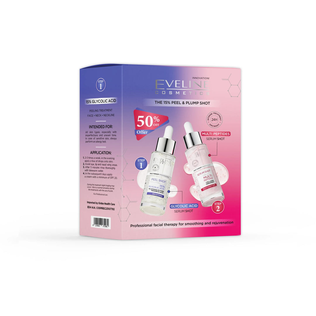 The 15% Peel & Plump shot ( Glycolic acid serum + Multi peptide serum ) Promo